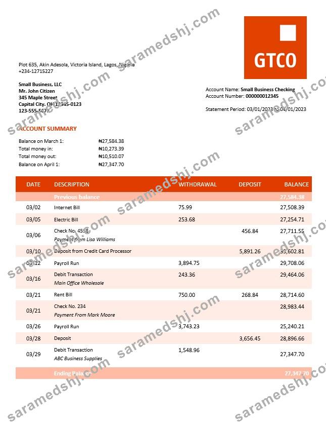 GT Bank organization checking account statement Word and PDF template